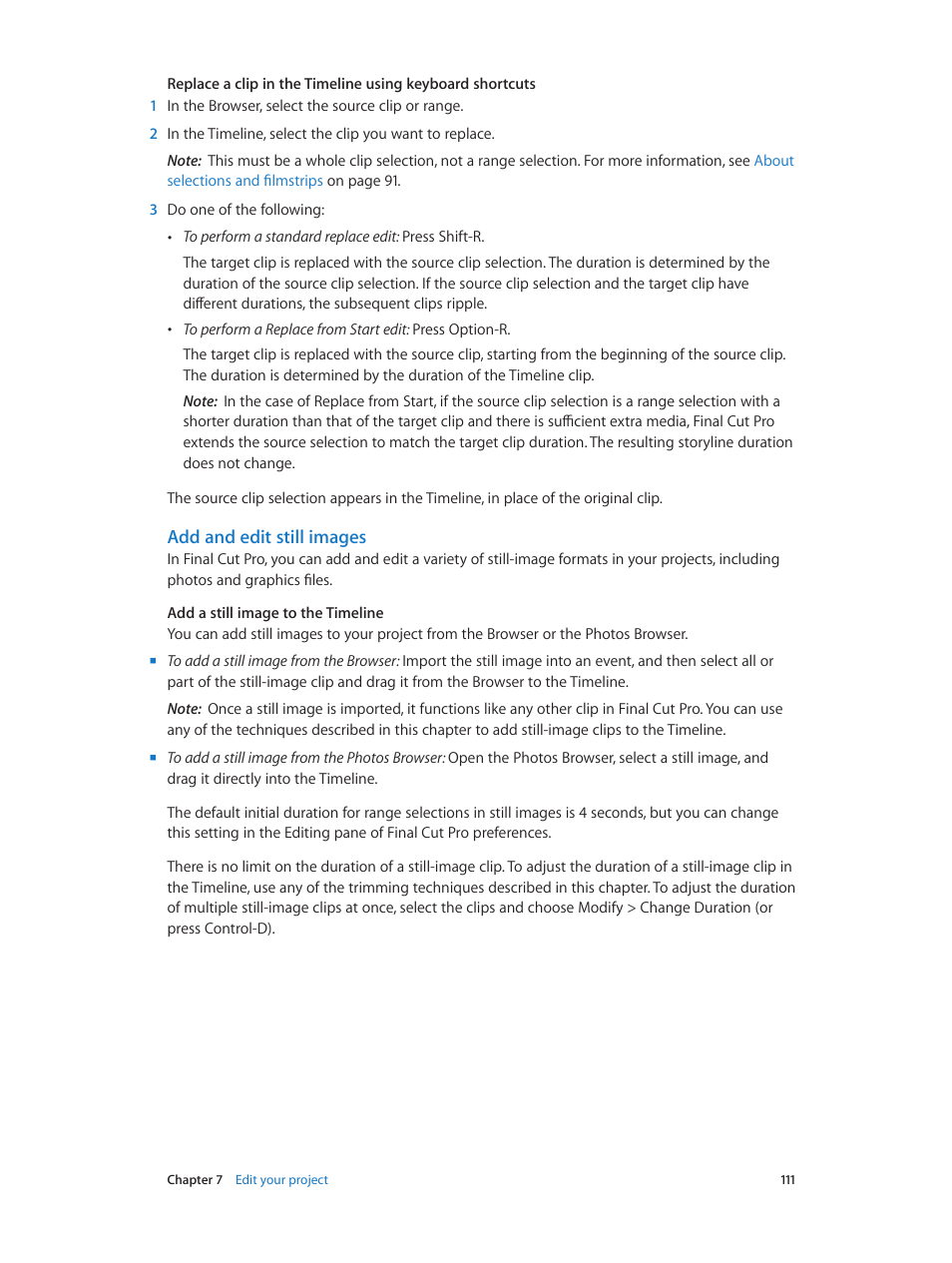Add and edit still images | Apple Final Cut Pro X (10.1.2) User Manual | Page 111 / 495
