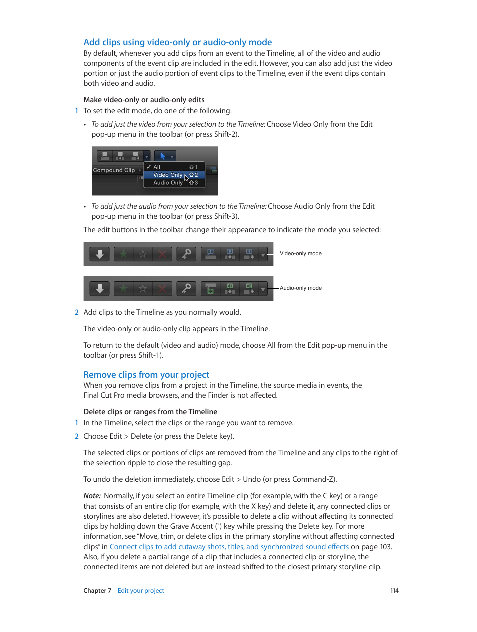 Add clips using video-only or audio-only mode, Remove clips from your project, Remove | Clips from your project, Remove clips from your, Project | Apple Final Cut Pro X (10.1.2) User Manual | Page 114 / 495