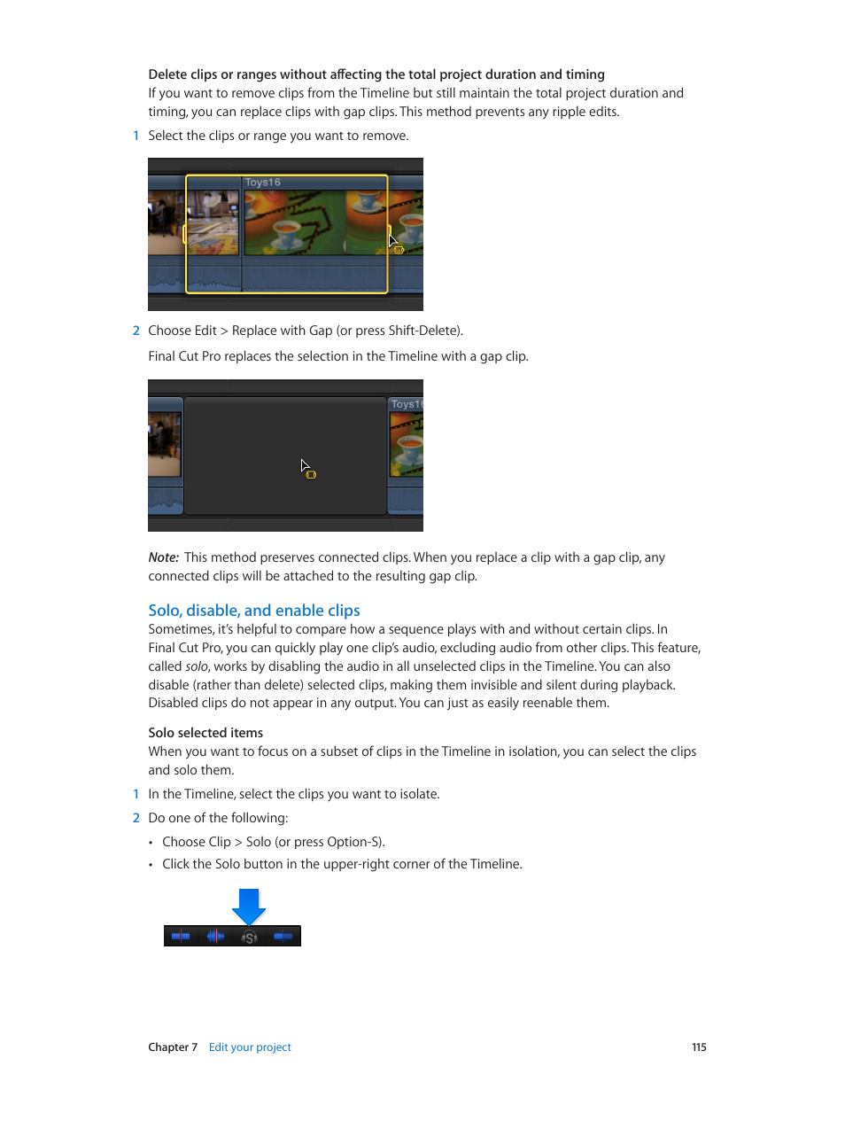 Solo, disable, and enable clips | Apple Final Cut Pro X (10.1.2) User Manual | Page 115 / 495