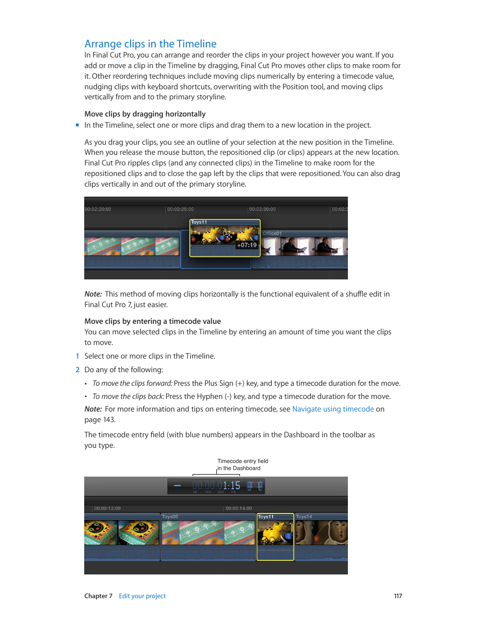 Arrange clips in the timeline, 117 arrange clips in the timeline | Apple Final Cut Pro X (10.1.2) User Manual | Page 117 / 495