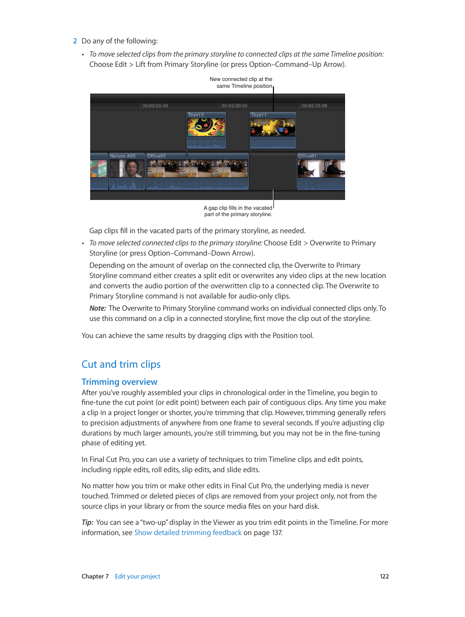Cut and trim clips, Trimming overview, 122 cut and trim clips 122 | Apple Final Cut Pro X (10.1.2) User Manual | Page 122 / 495