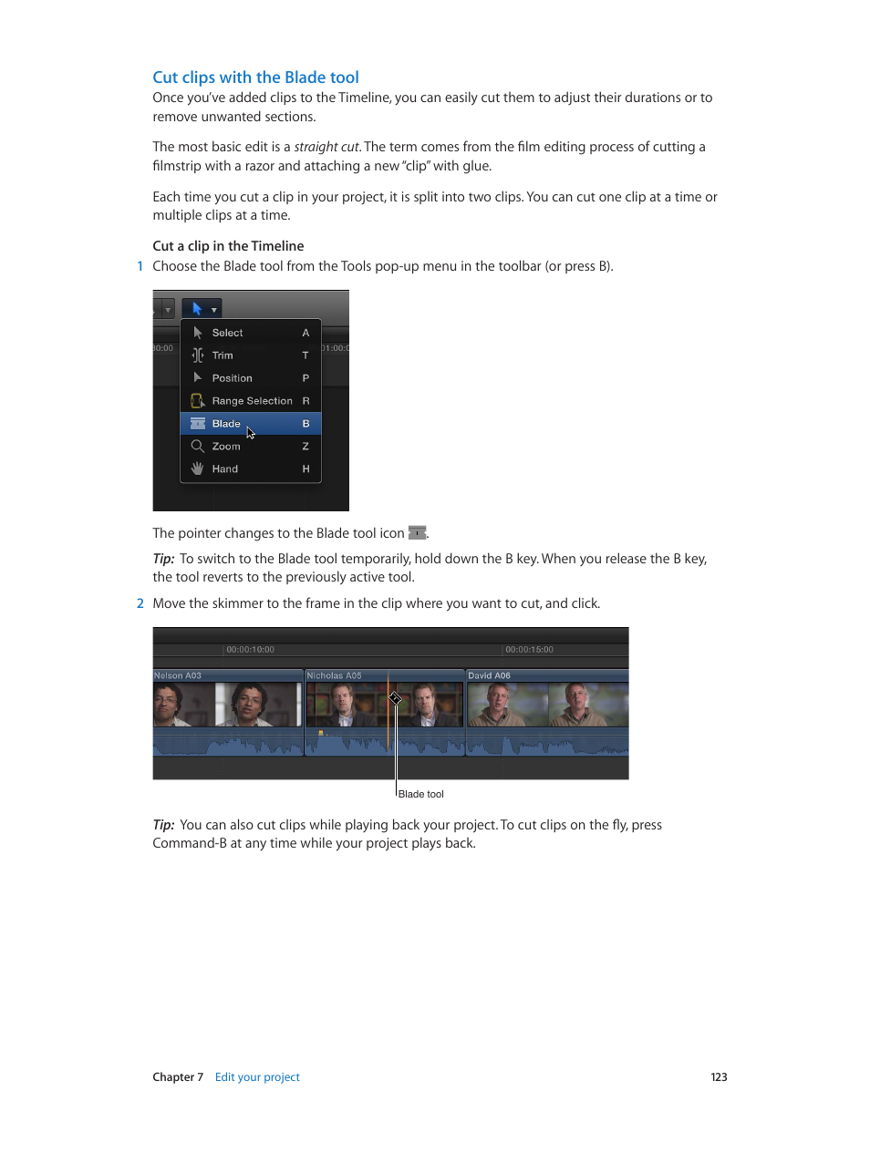 Cut clips with the blade tool | Apple Final Cut Pro X (10.1.2) User Manual | Page 123 / 495