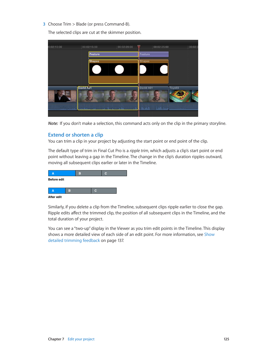 Extend or shorten a clip | Apple Final Cut Pro X (10.1.2) User Manual | Page 125 / 495