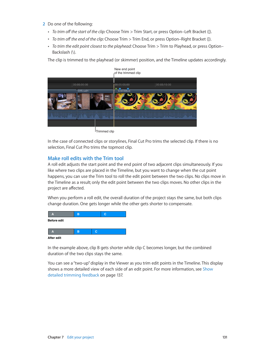 Make roll edits with the trim tool | Apple Final Cut Pro X (10.1.2) User Manual | Page 131 / 495