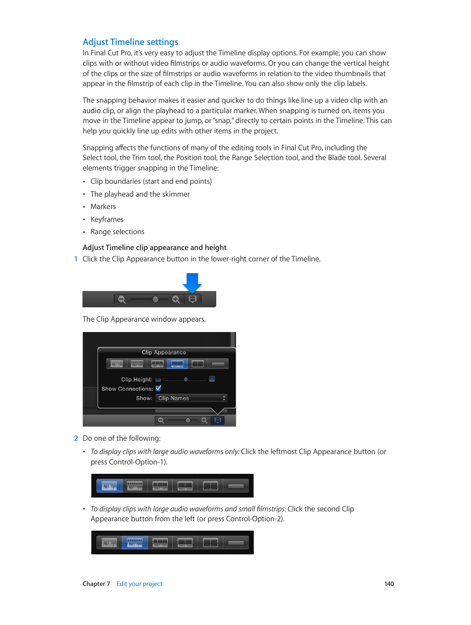 Adjust timeline settings | Apple Final Cut Pro X (10.1.2) User Manual | Page 140 / 495