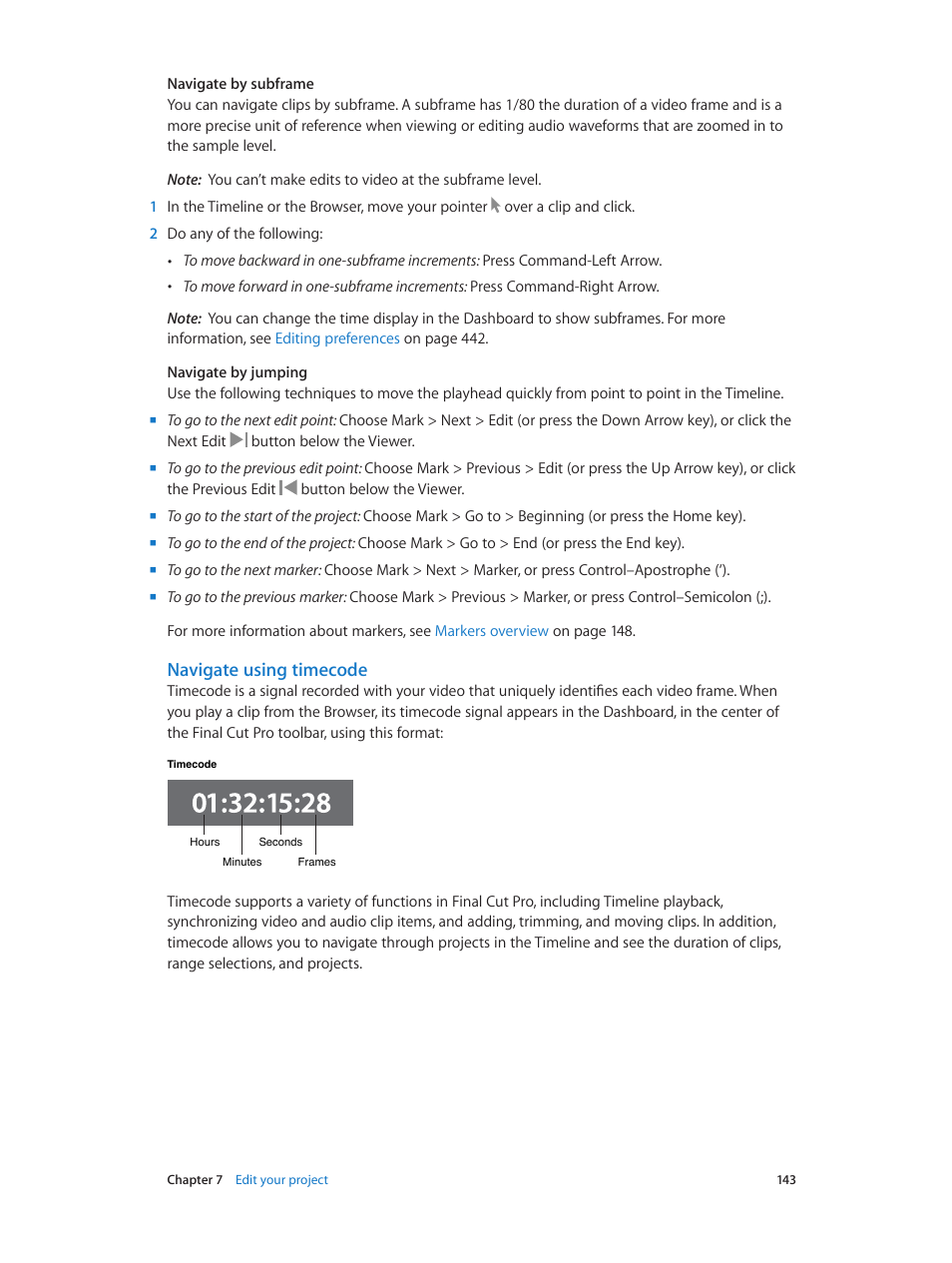Navigate using timecode | Apple Final Cut Pro X (10.1.2) User Manual | Page 143 / 495