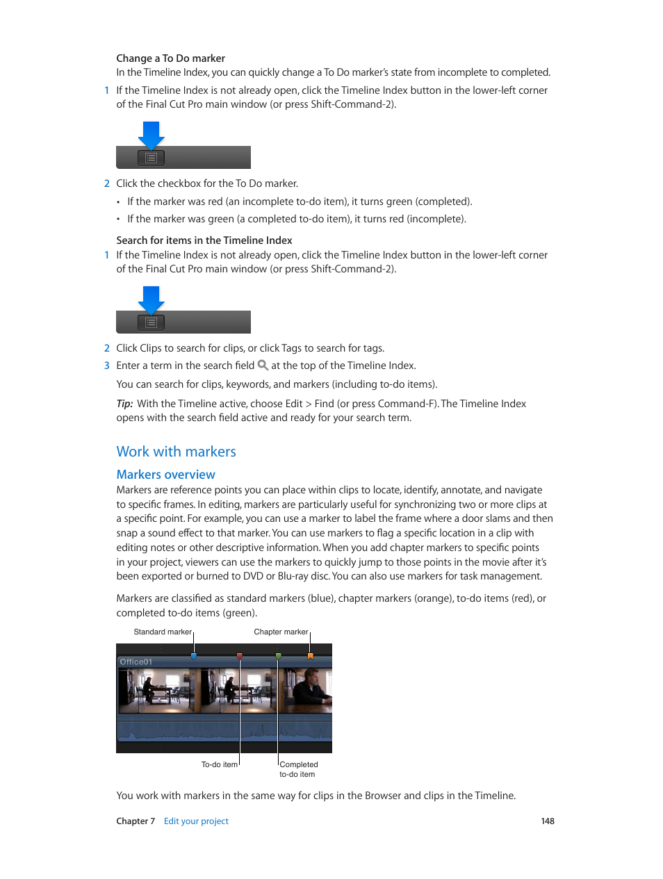 Work with markers, Markers overview, 148 work with markers 148 | Apple Final Cut Pro X (10.1.2) User Manual | Page 148 / 495