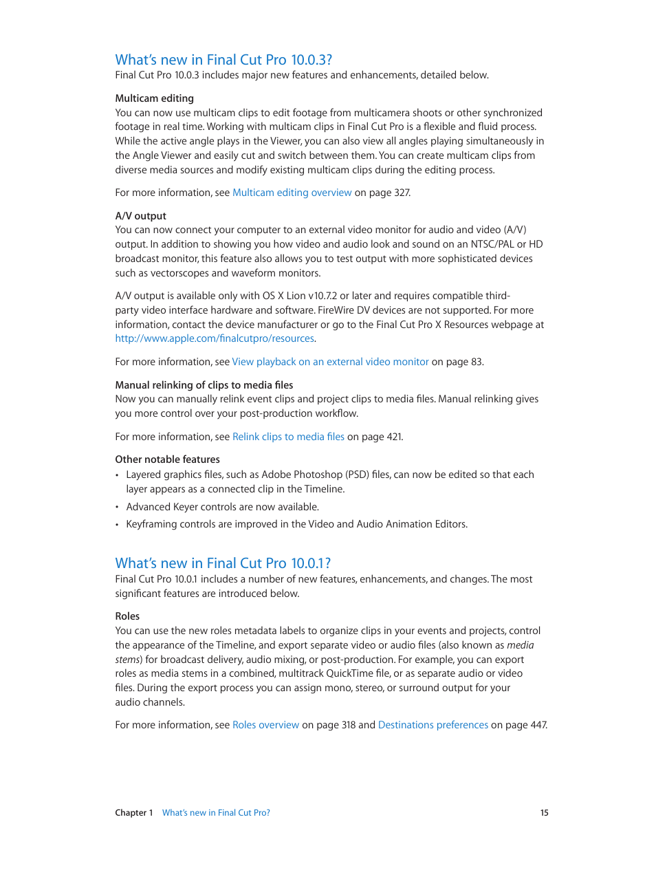What’s new in final cut pro 10.0.3, What’s new in final cut pro 10.0.1 | Apple Final Cut Pro X (10.1.2) User Manual | Page 15 / 495