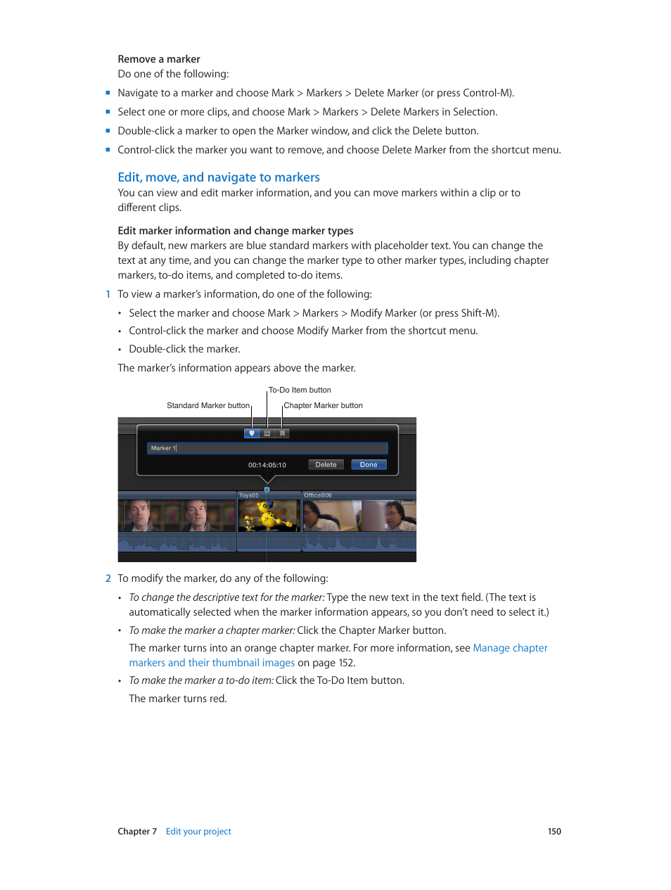 Edit, move, and navigate to markers | Apple Final Cut Pro X (10.1.2) User Manual | Page 150 / 495