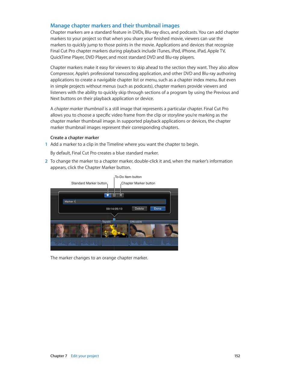 Manage chapter markers and their thumbnail images, Manage chapter, Markers and their thumbnail images | Apple Final Cut Pro X (10.1.2) User Manual | Page 152 / 495