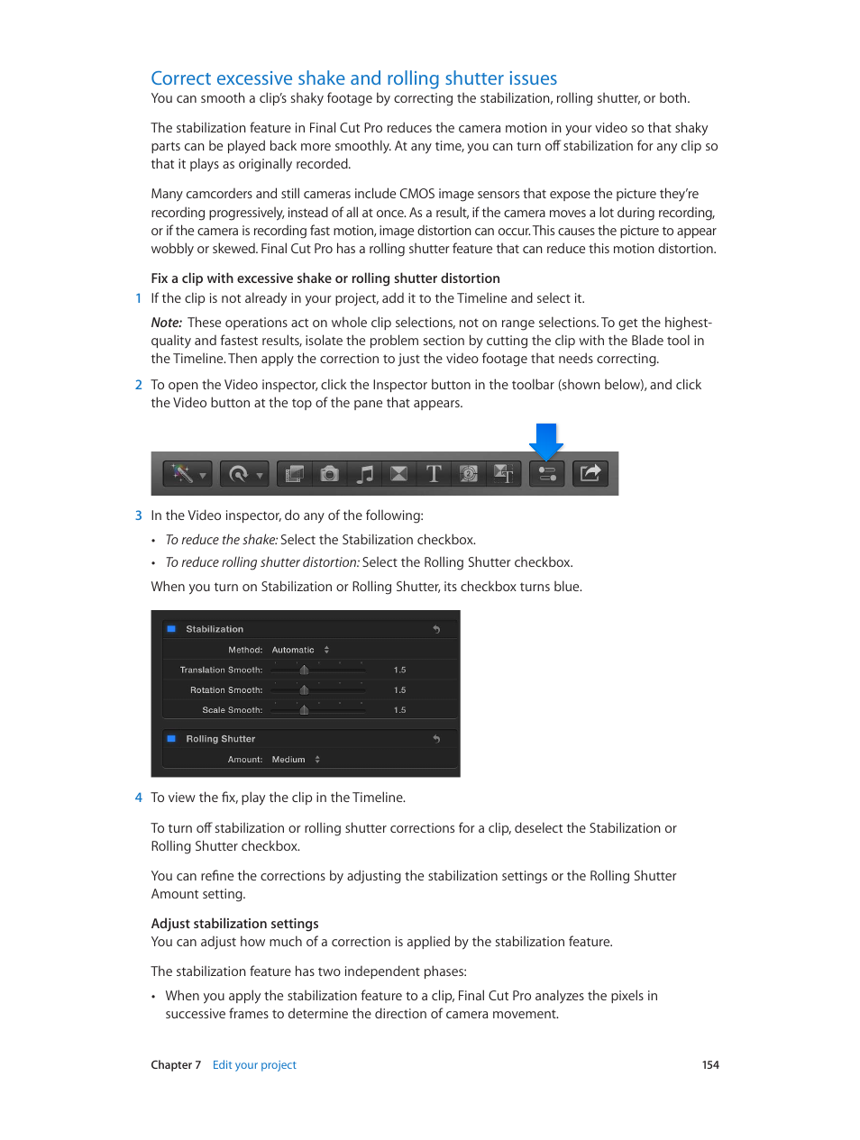 Correct excessive shake and rolling shutter issues | Apple Final Cut Pro X (10.1.2) User Manual | Page 154 / 495