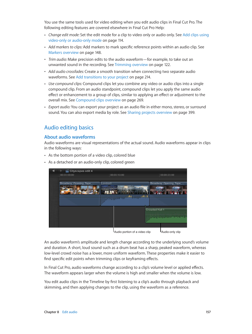 Audio editing basics, About audio waveforms, 157 audio editing basics 157 | Apple Final Cut Pro X (10.1.2) User Manual | Page 157 / 495