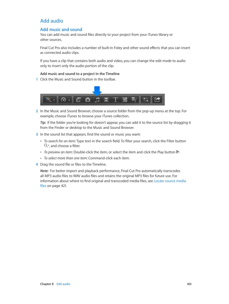 Add audio, Add music and sound, 165 add audio 165 | Apple Final Cut Pro X (10.1.2) User Manual | Page 165 / 495