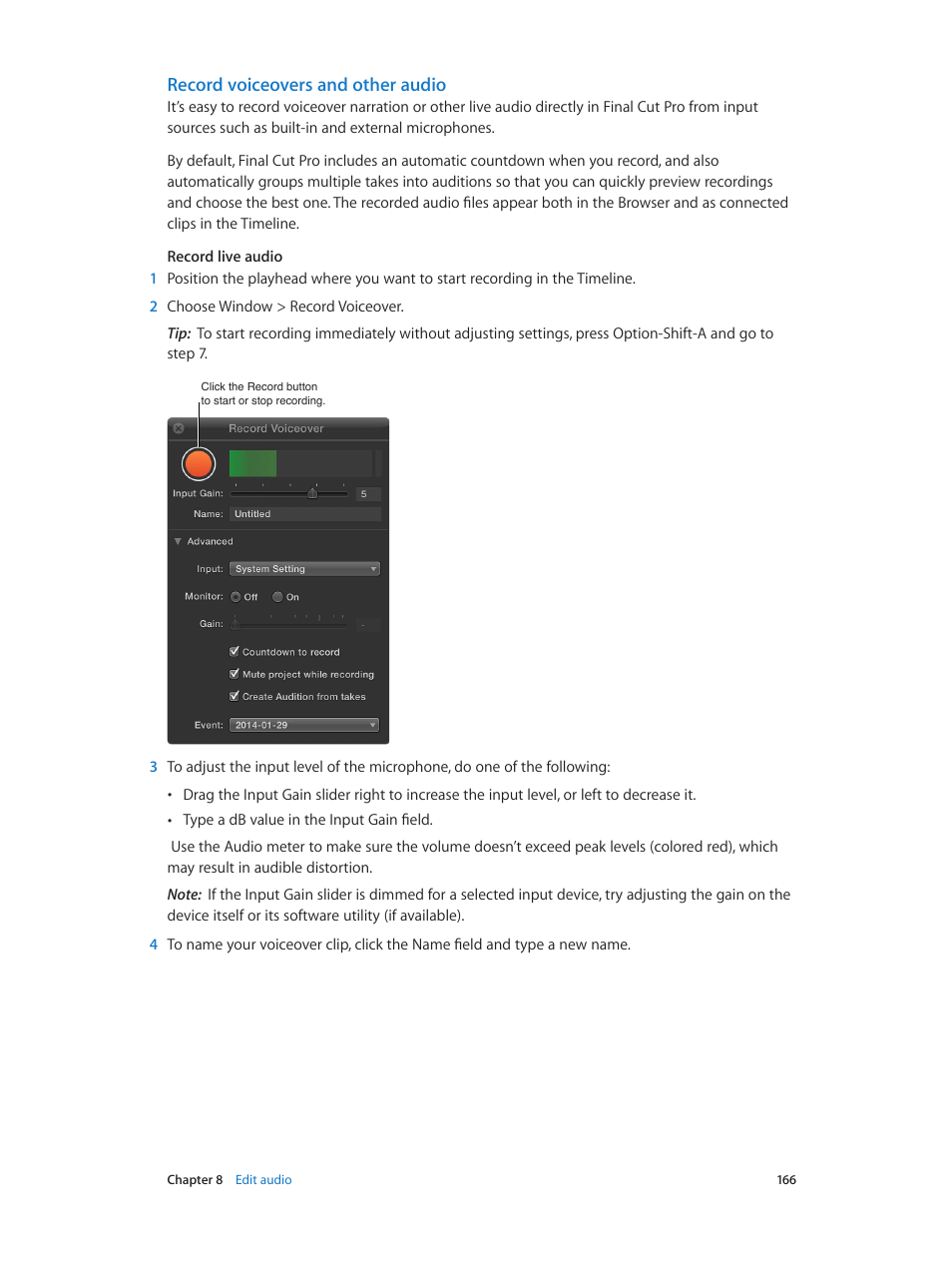 Record voiceovers and other audio | Apple Final Cut Pro X (10.1.2) User Manual | Page 166 / 495