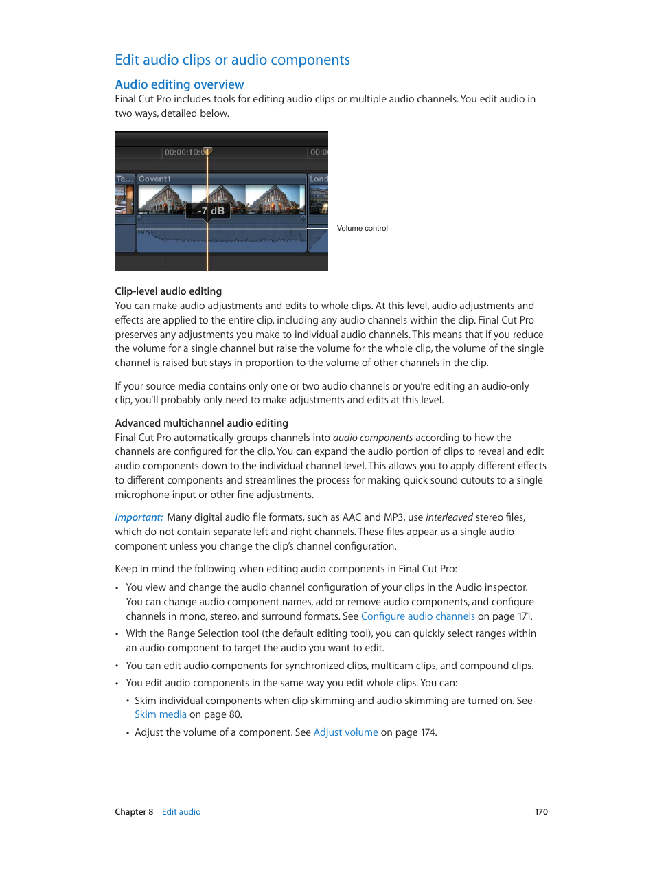 Edit audio clips or audio components, Audio editing overview, 170 edit audio clips or audio components 170 | Apple Final Cut Pro X (10.1.2) User Manual | Page 170 / 495