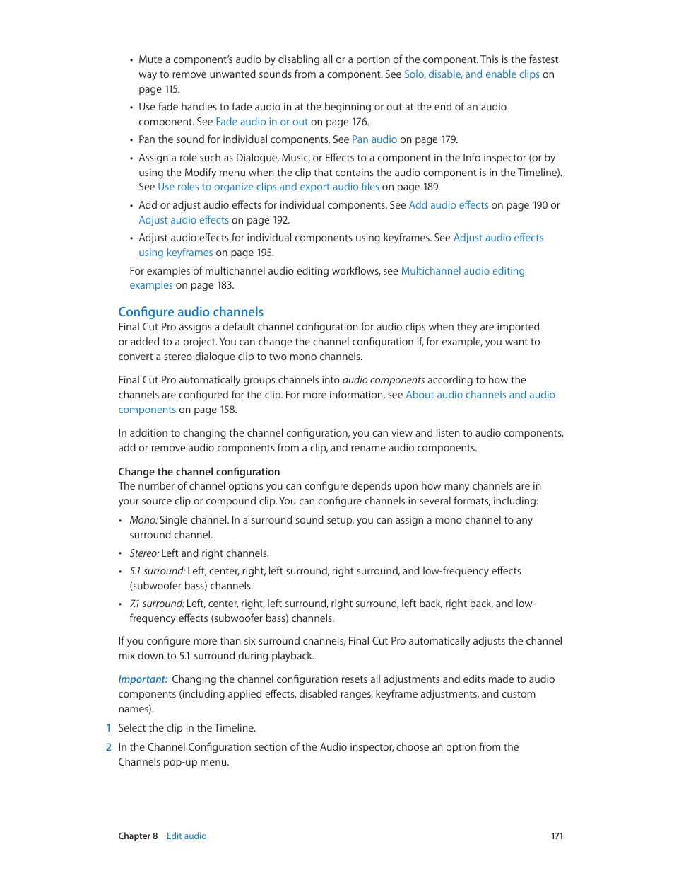 Configure audio channels | Apple Final Cut Pro X (10.1.2) User Manual | Page 171 / 495