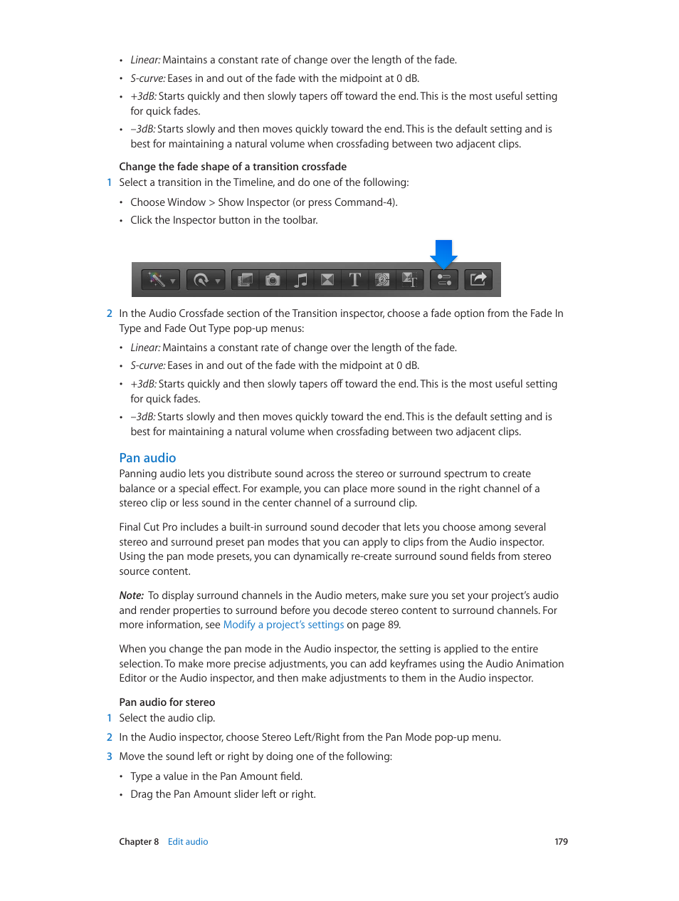 Pan audio, Audio | Apple Final Cut Pro X (10.1.2) User Manual | Page 179 / 495