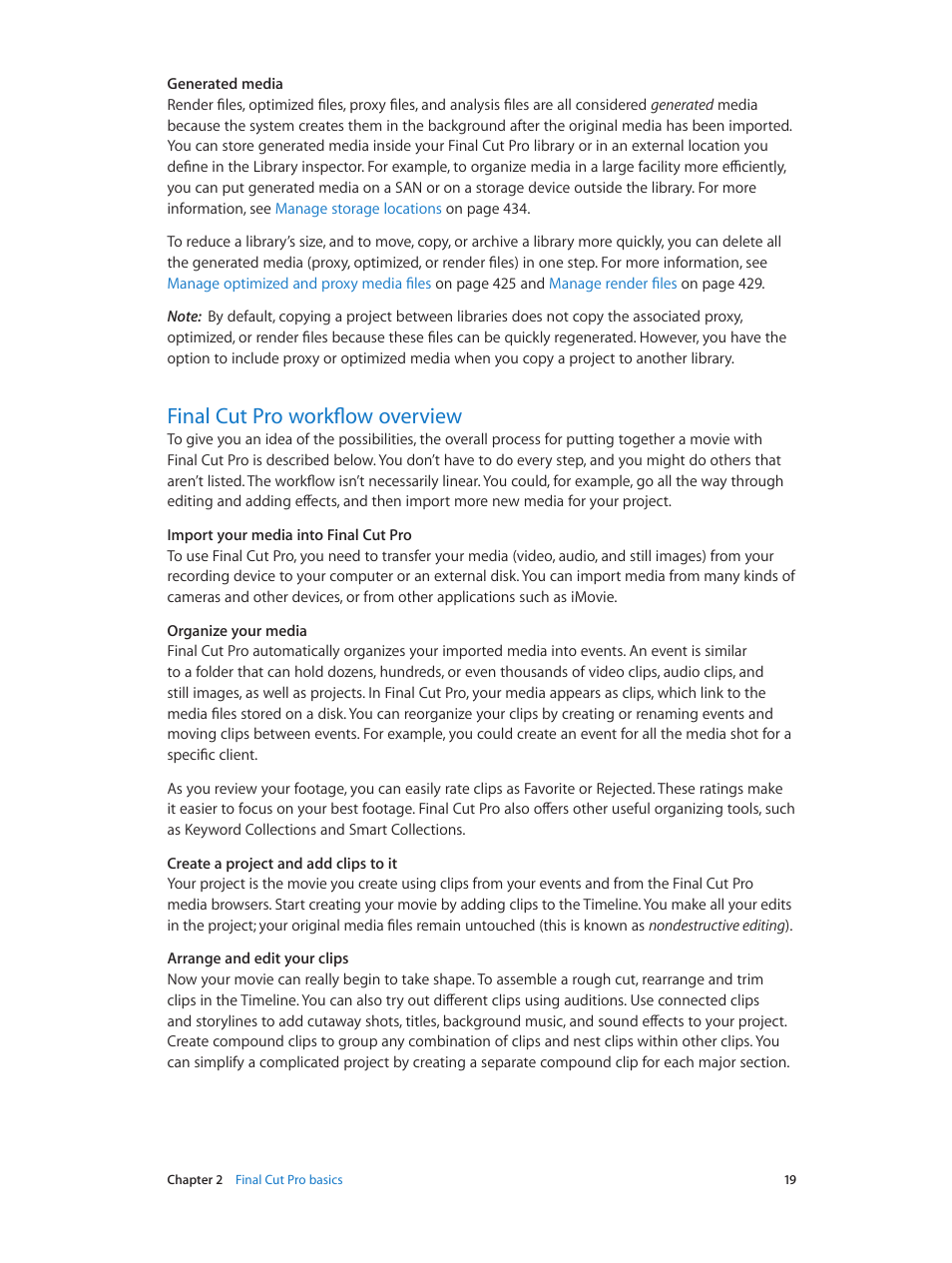 Final cut pro workflow overview, 19 final cut pro workflow overview | Apple Final Cut Pro X (10.1.2) User Manual | Page 19 / 495