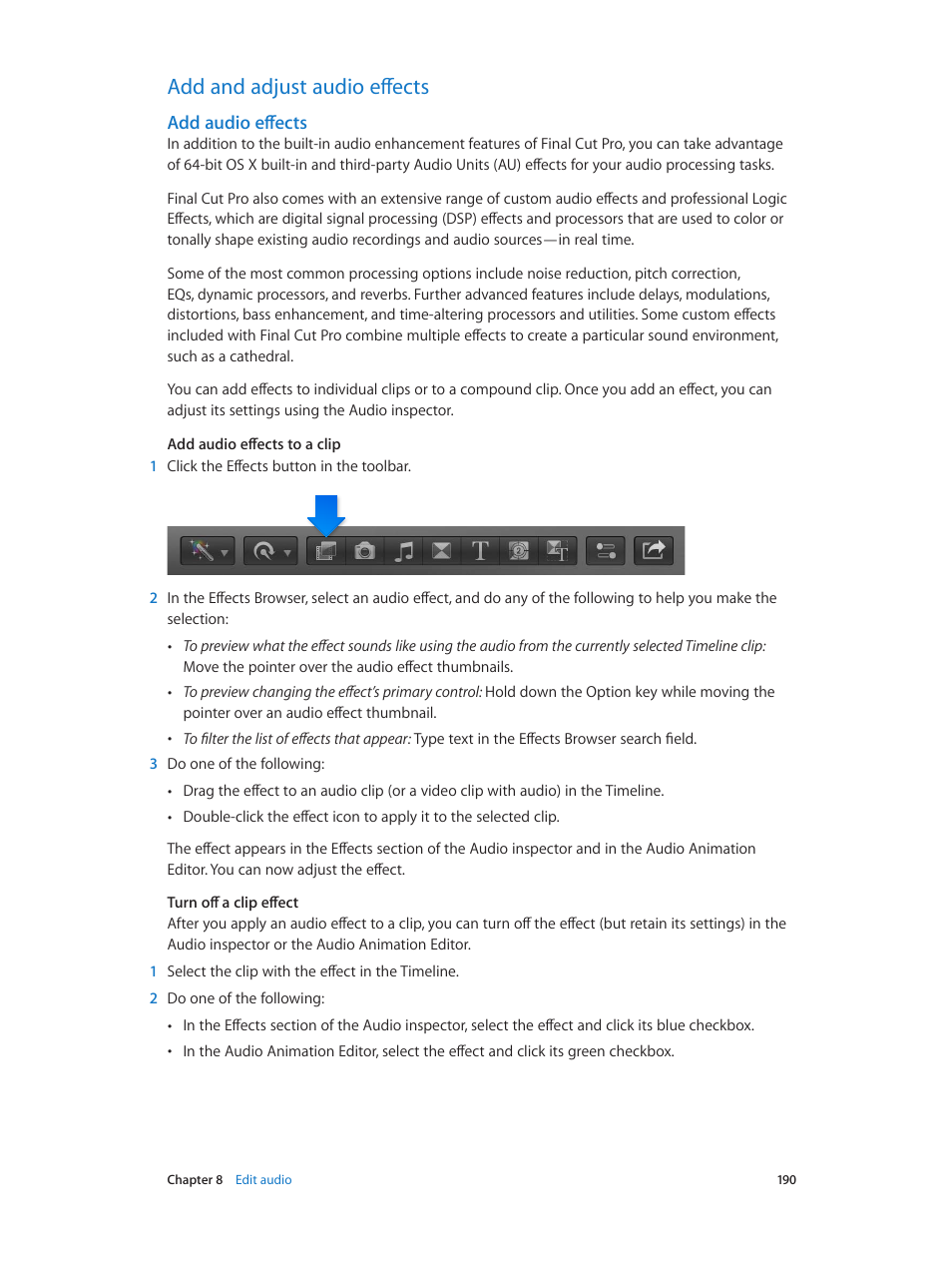 Add and adjust audio effects, Add audio effects, 190 add and adjust audio effects 190 | Apple Final Cut Pro X (10.1.2) User Manual | Page 190 / 495