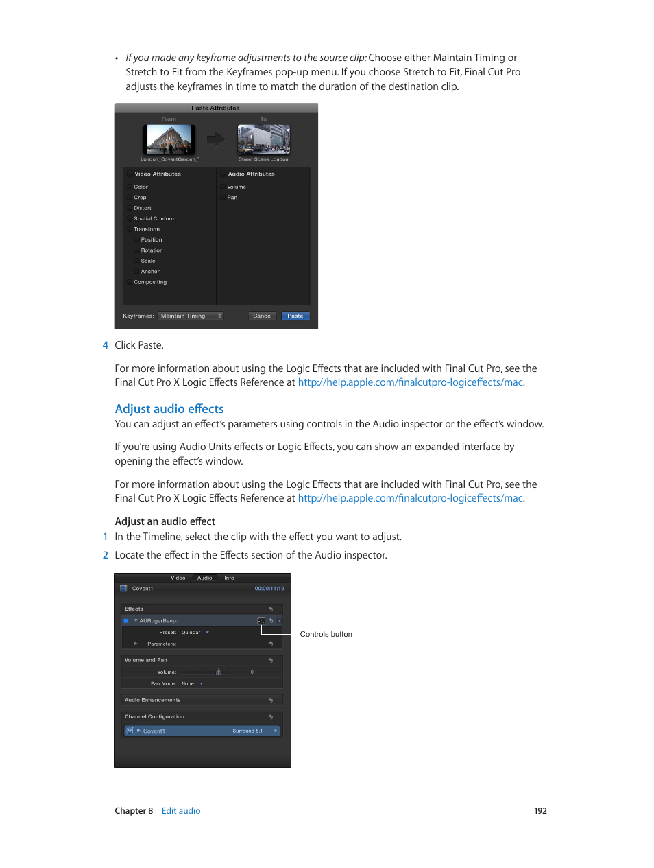 Adjust audio effects, Adjust audio, Effects | Apple Final Cut Pro X (10.1.2) User Manual | Page 192 / 495