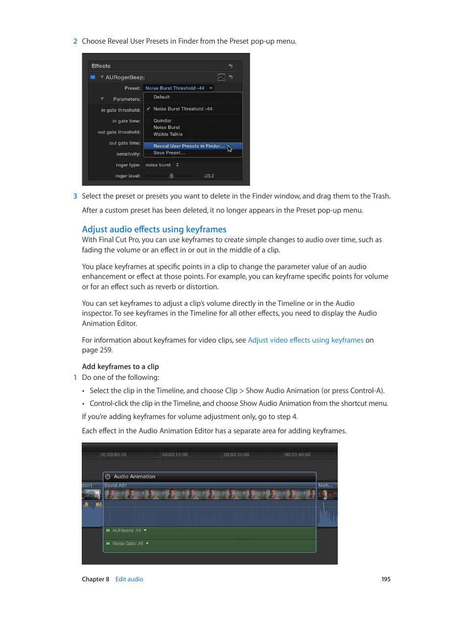 Adjust audio effects using keyframes, Adjust audio effects, Using keyframes | Apple Final Cut Pro X (10.1.2) User Manual | Page 195 / 495