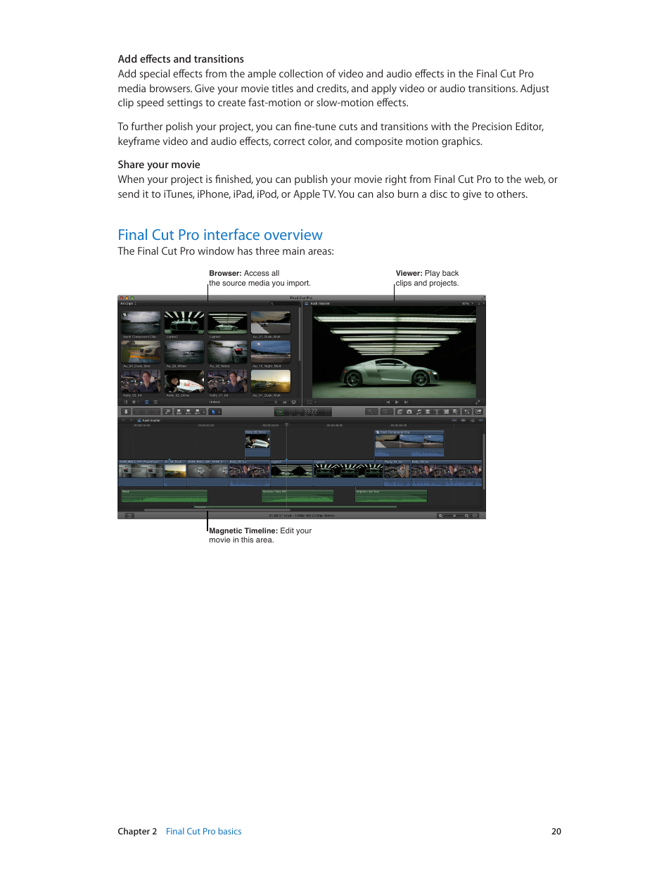 Final cut pro interface overview, 20 final cut pro interface overview | Apple Final Cut Pro X (10.1.2) User Manual | Page 20 / 495