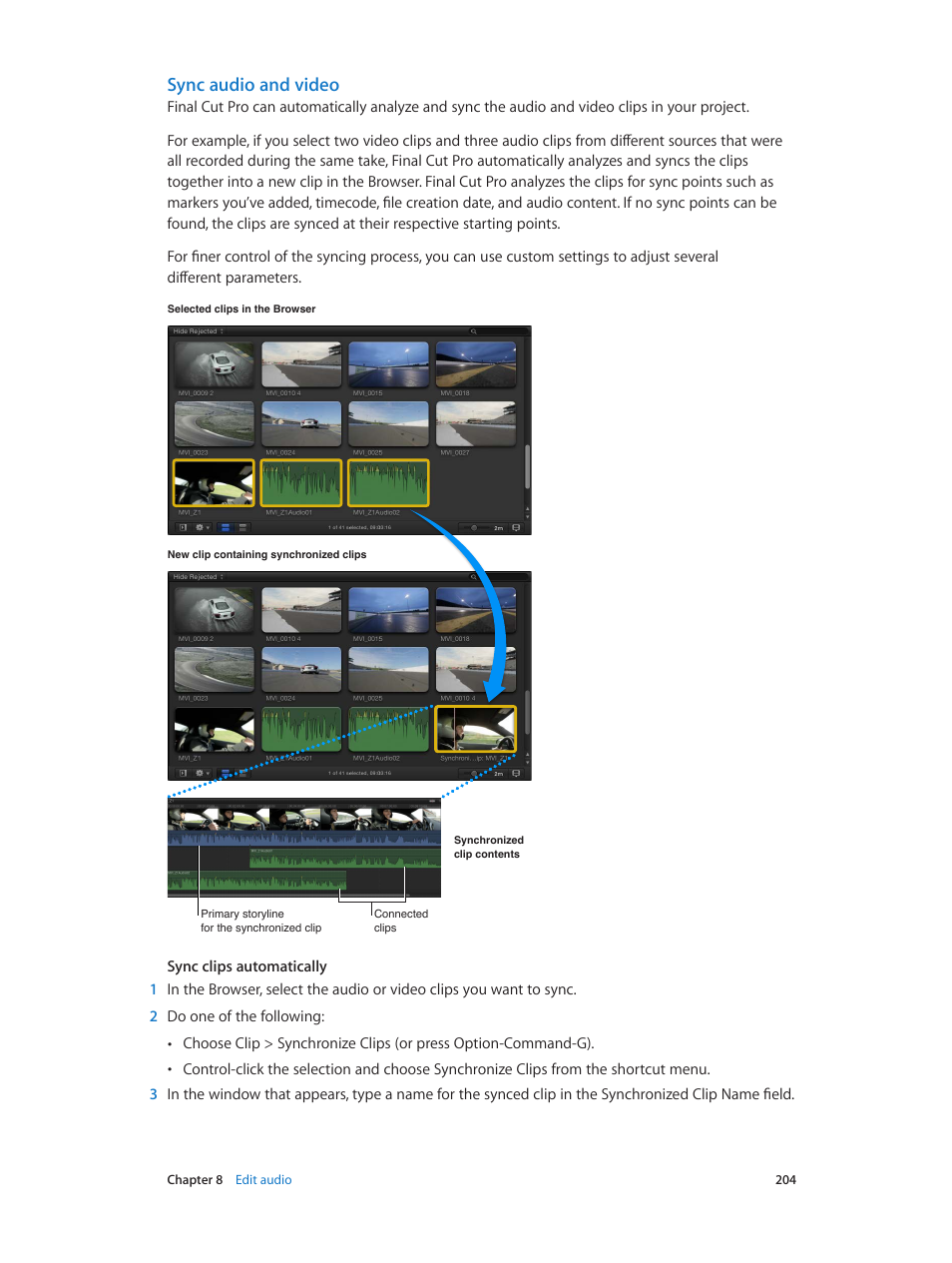 Sync audio and video, Sync audio, And video | Apple Final Cut Pro X (10.1.2) User Manual | Page 204 / 495