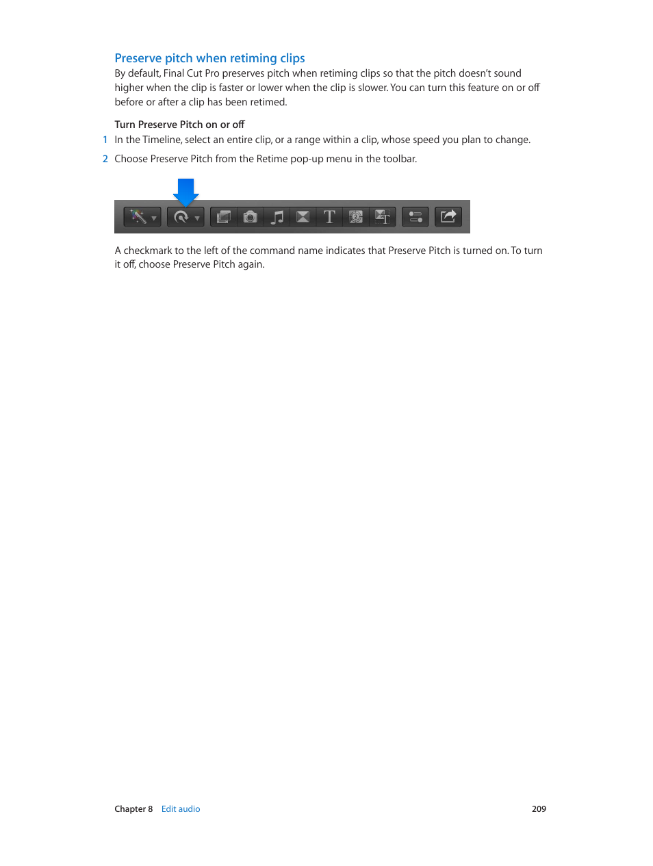 Preserve pitch when retiming clips | Apple Final Cut Pro X (10.1.2) User Manual | Page 209 / 495