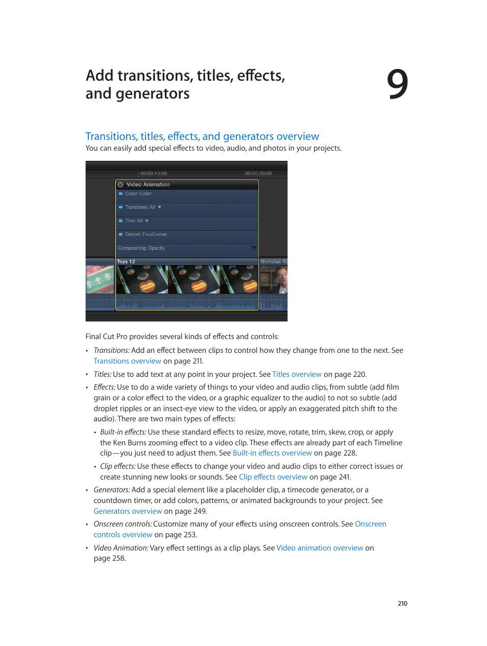 210 and, Add transitions, titles, effects, and generators | Apple Final Cut Pro X (10.1.2) User Manual | Page 210 / 495