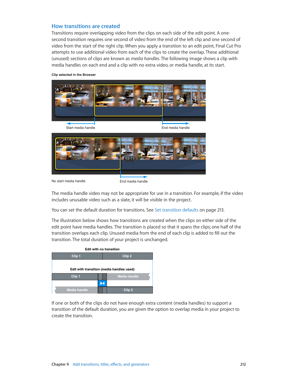 How transitions are created | Apple Final Cut Pro X (10.1.2) User Manual | Page 212 / 495