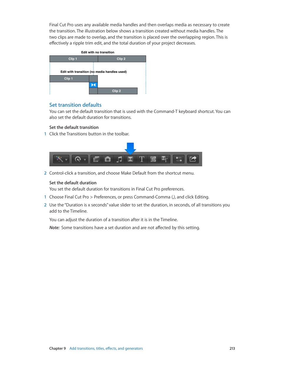 Set transition defaults | Apple Final Cut Pro X (10.1.2) User Manual | Page 213 / 495