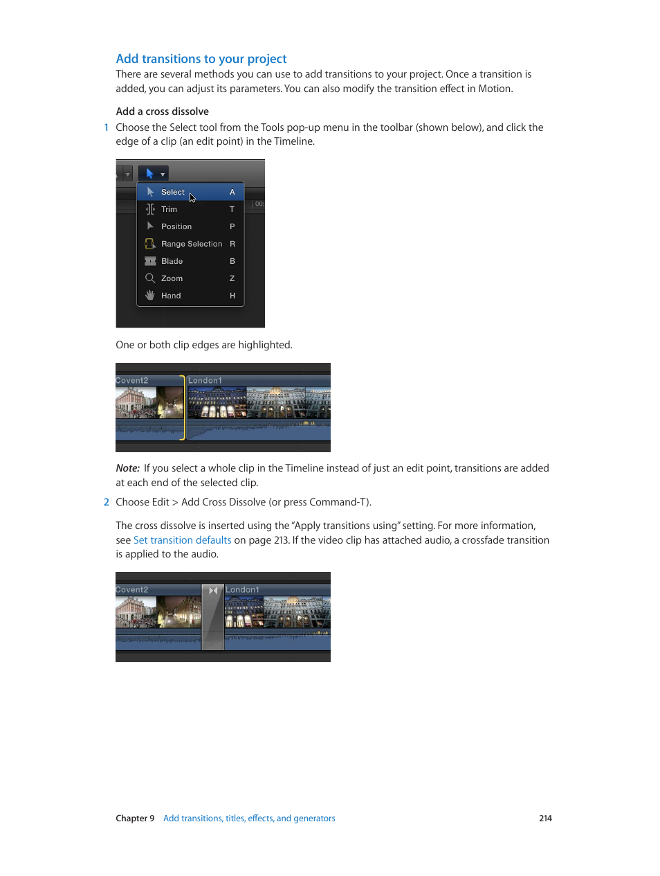 Add transitions to your project | Apple Final Cut Pro X (10.1.2) User Manual | Page 214 / 495