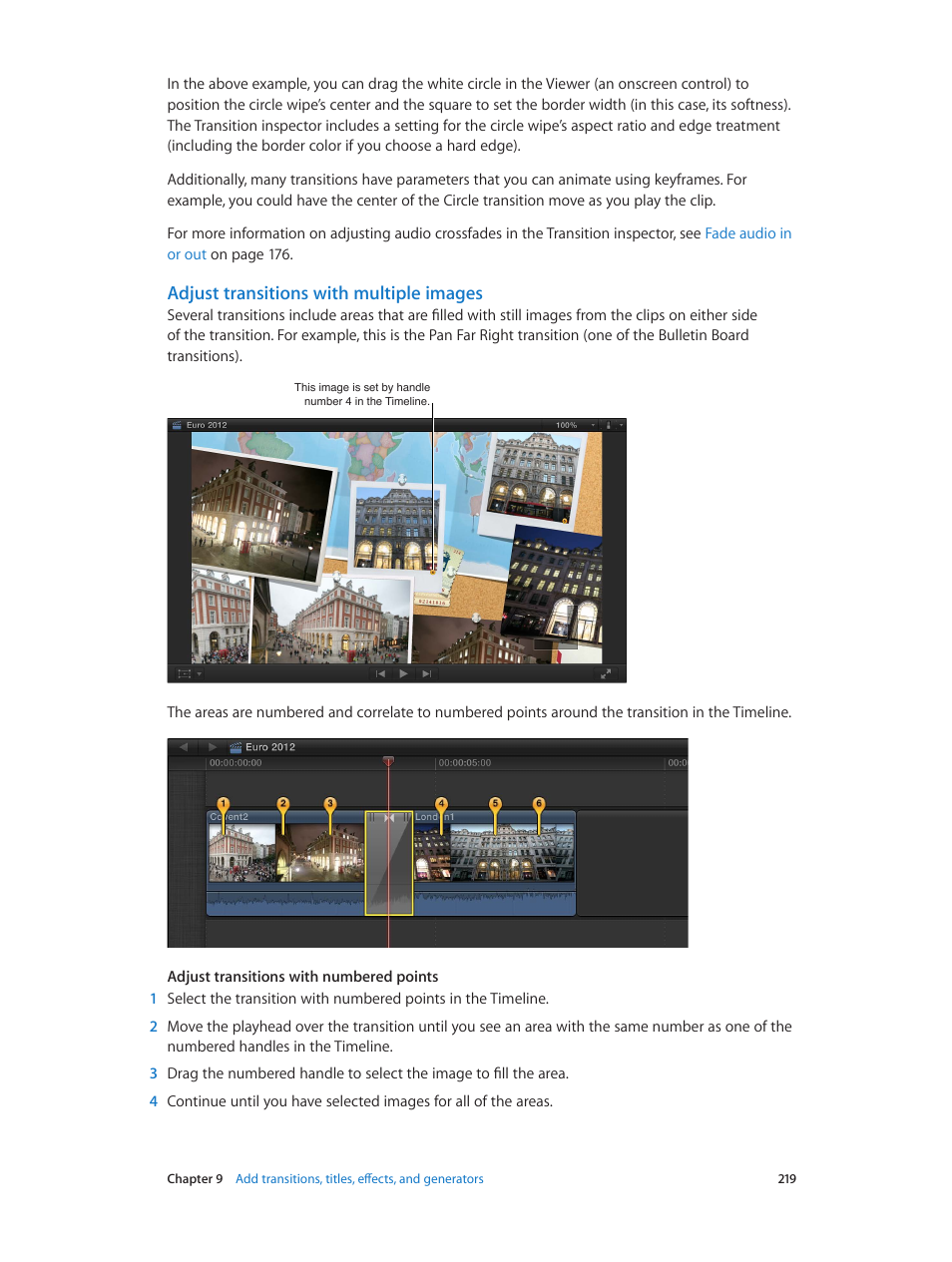 Adjust transitions with multiple images | Apple Final Cut Pro X (10.1.2) User Manual | Page 219 / 495