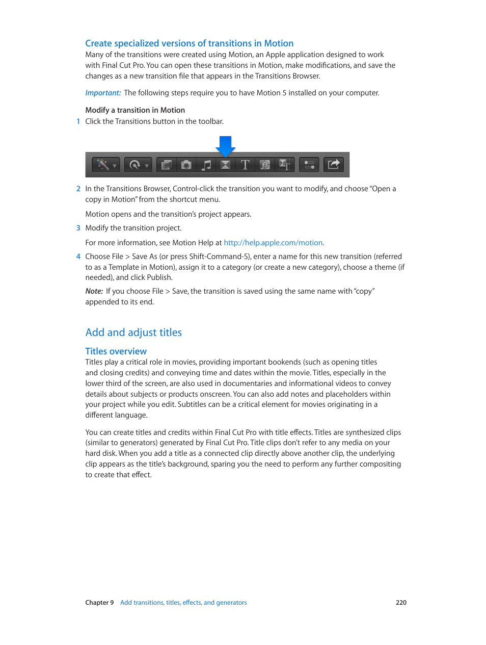 Add and adjust titles, Titles overview, 220 add and adjust titles 220 | Apple Final Cut Pro X (10.1.2) User Manual | Page 220 / 495