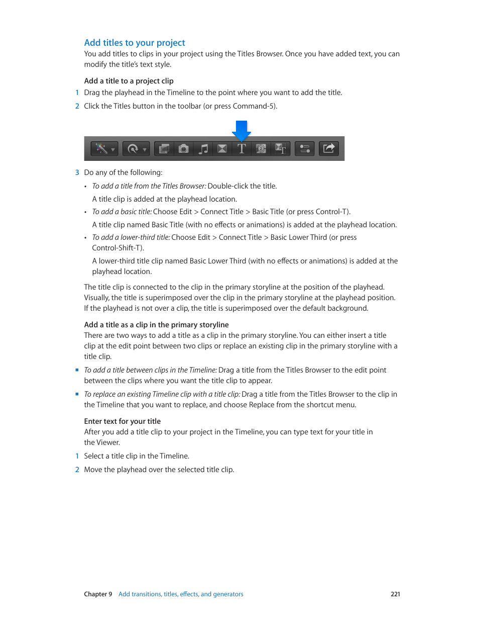 Add titles to your project | Apple Final Cut Pro X (10.1.2) User Manual | Page 221 / 495