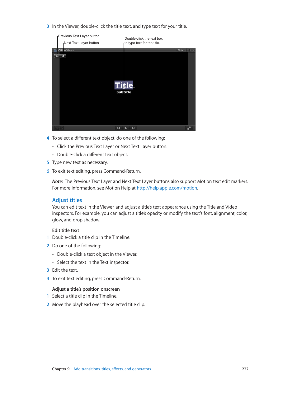 Adjust titles | Apple Final Cut Pro X (10.1.2) User Manual | Page 222 / 495