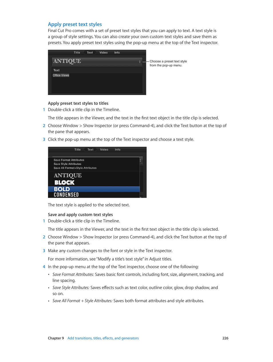 Apply preset text styles | Apple Final Cut Pro X (10.1.2) User Manual | Page 226 / 495