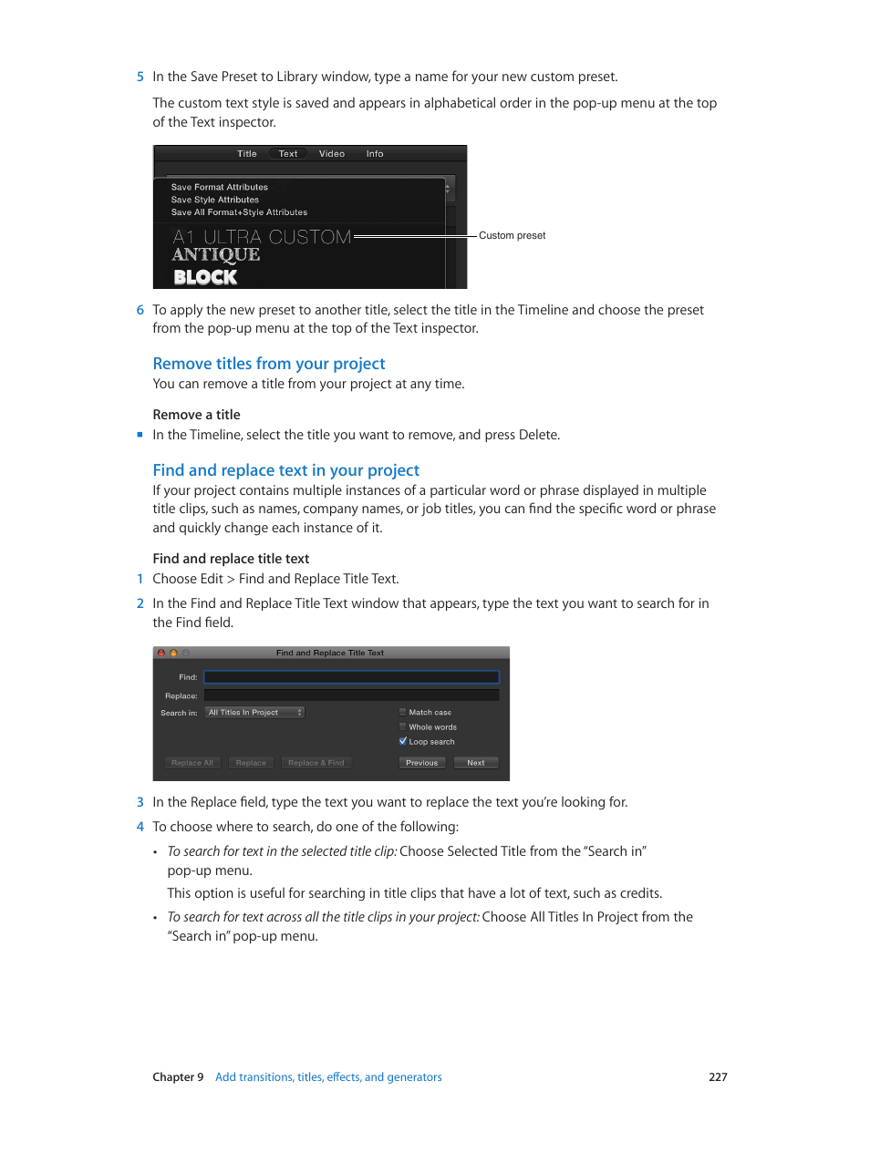 Remove titles from your project, Find and replace text in your project | Apple Final Cut Pro X (10.1.2) User Manual | Page 227 / 495