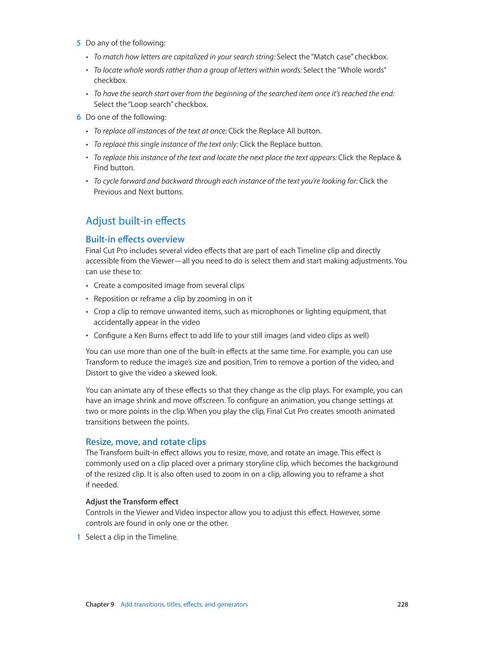 Adjust built-in effects, Built-in effects overview, Resize, move, and rotate clips | 228 adjust built-in effects 228 | Apple Final Cut Pro X (10.1.2) User Manual | Page 228 / 495