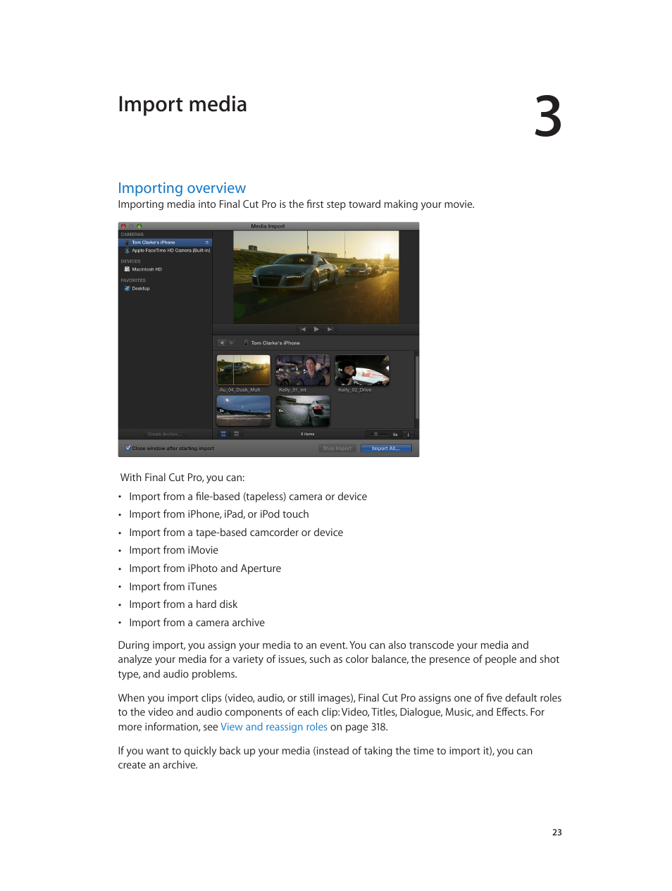 Chapter 3: import media, Importing overview, 23 importing overview | Import media | Apple Final Cut Pro X (10.1.2) User Manual | Page 23 / 495