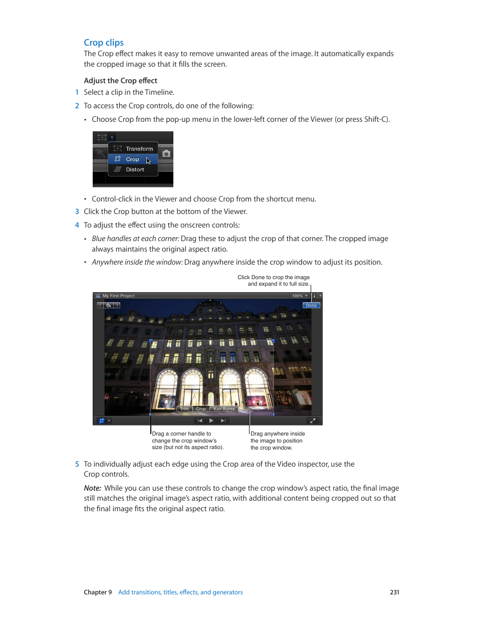 Crop clips | Apple Final Cut Pro X (10.1.2) User Manual | Page 231 / 495