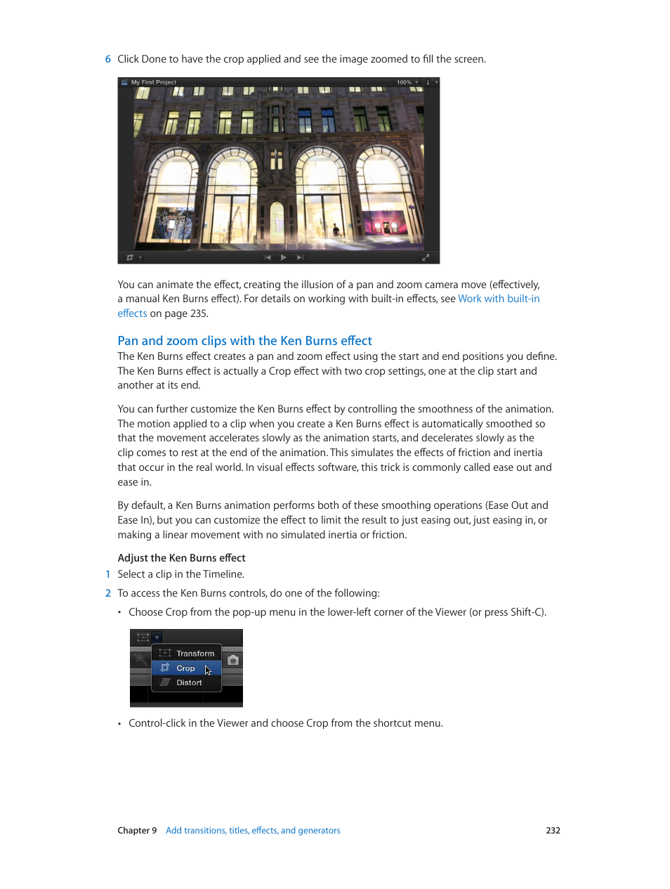 Pan and zoom clips with the ken burns effect | Apple Final Cut Pro X (10.1.2) User Manual | Page 232 / 495