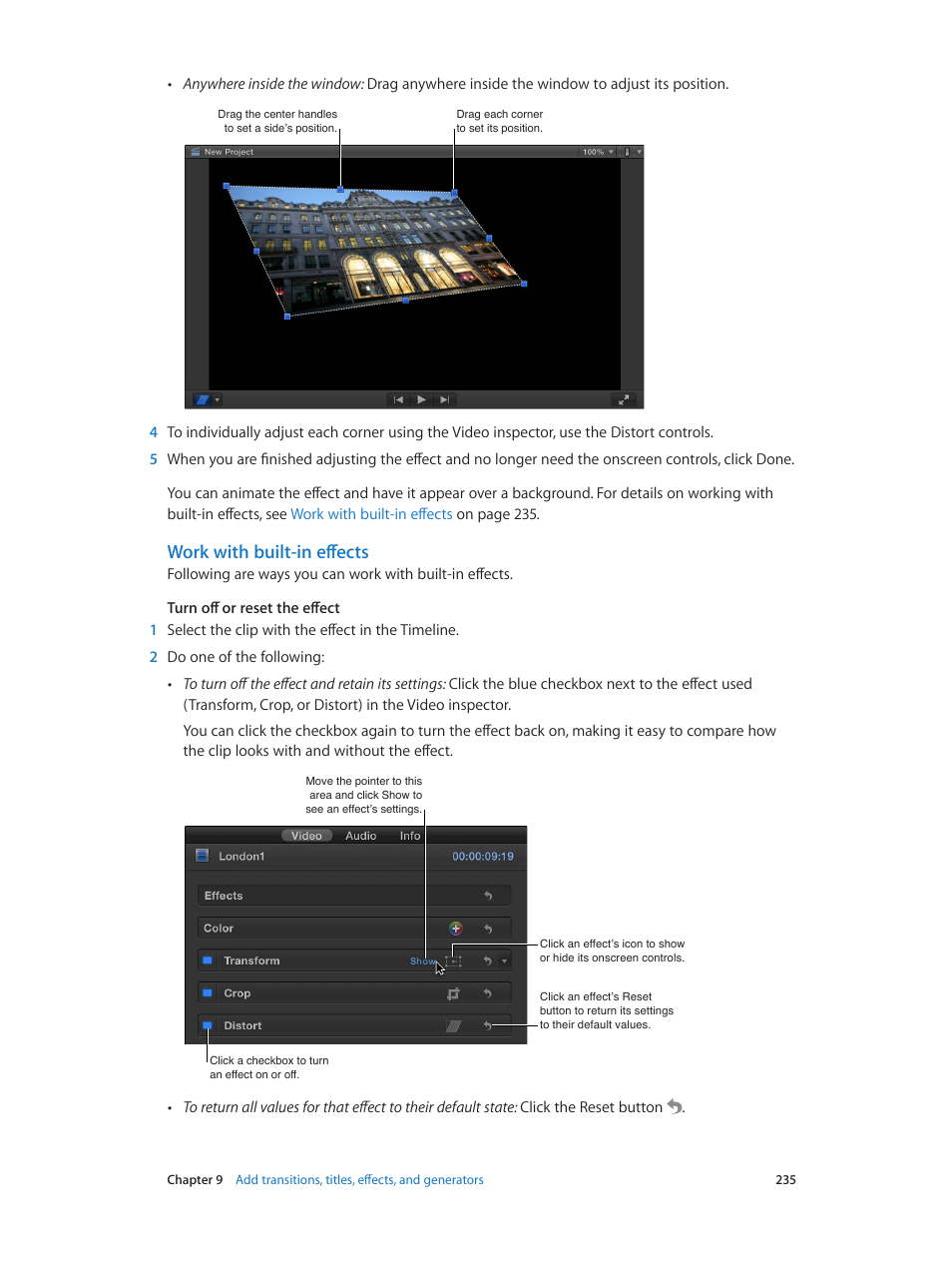Work with built-in effects, Work with built-in, Effects | Apple Final Cut Pro X (10.1.2) User Manual | Page 235 / 495