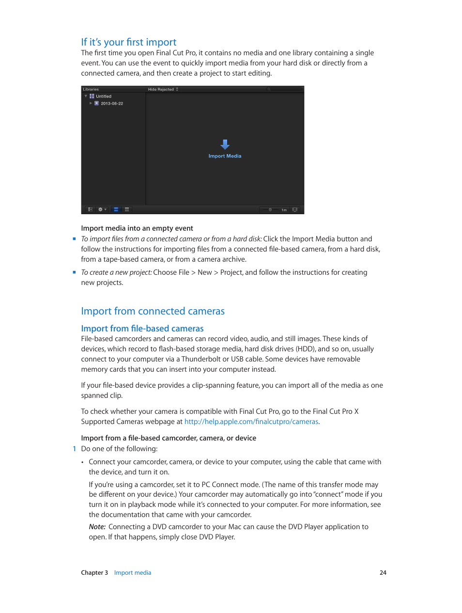 If it’s your first import, Import from connected cameras, Import from file-based cameras | Apple Final Cut Pro X (10.1.2) User Manual | Page 24 / 495