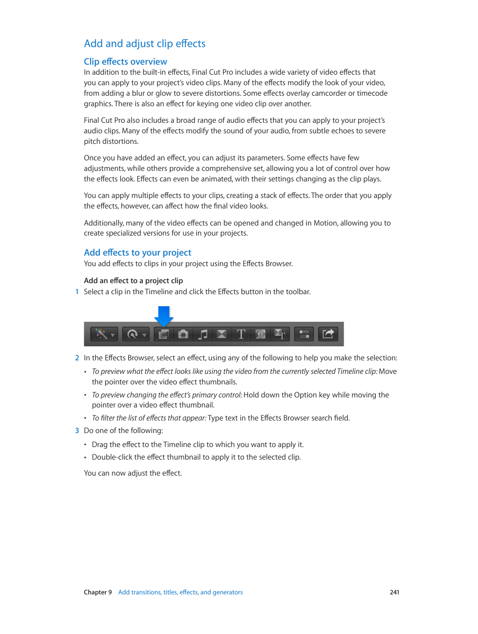 Add and adjust clip effects, Clip effects overview, Add effects to your project | 241 add and adjust clip effects 241 | Apple Final Cut Pro X (10.1.2) User Manual | Page 241 / 495