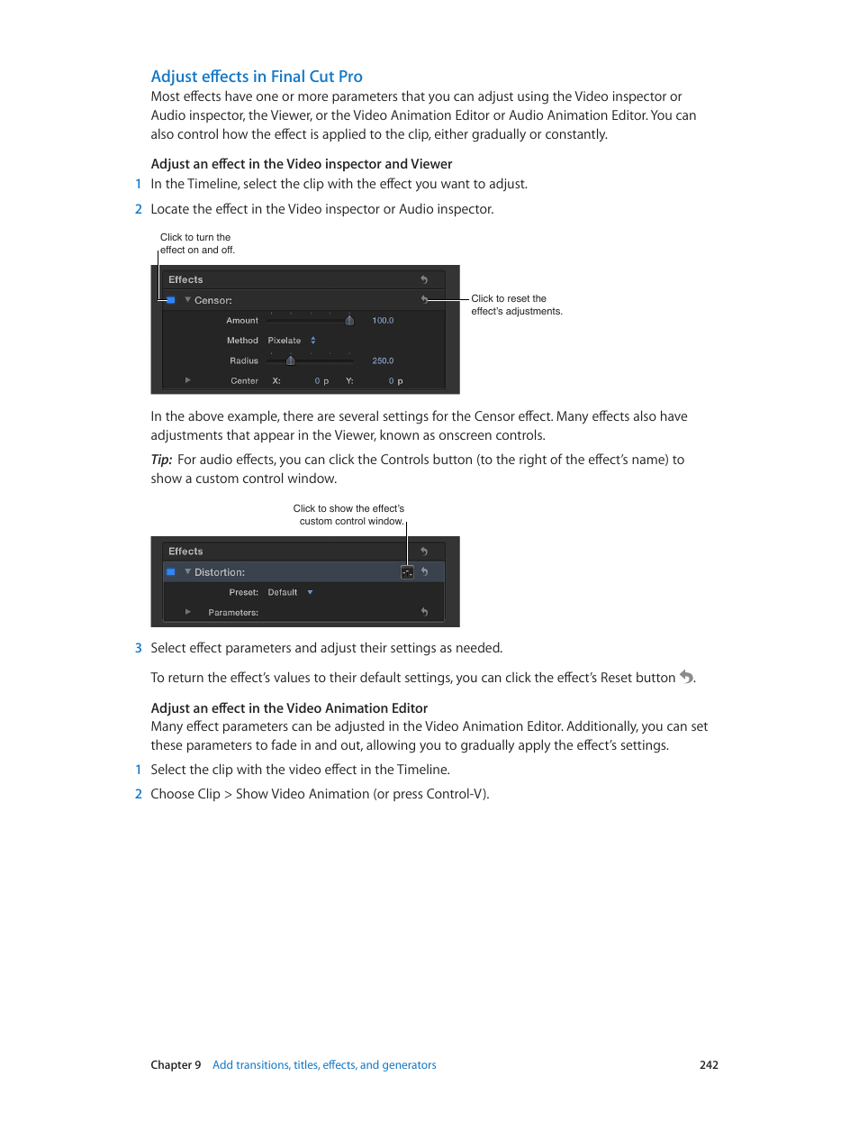 Adjust effects in final cut pro | Apple Final Cut Pro X (10.1.2) User Manual | Page 242 / 495
