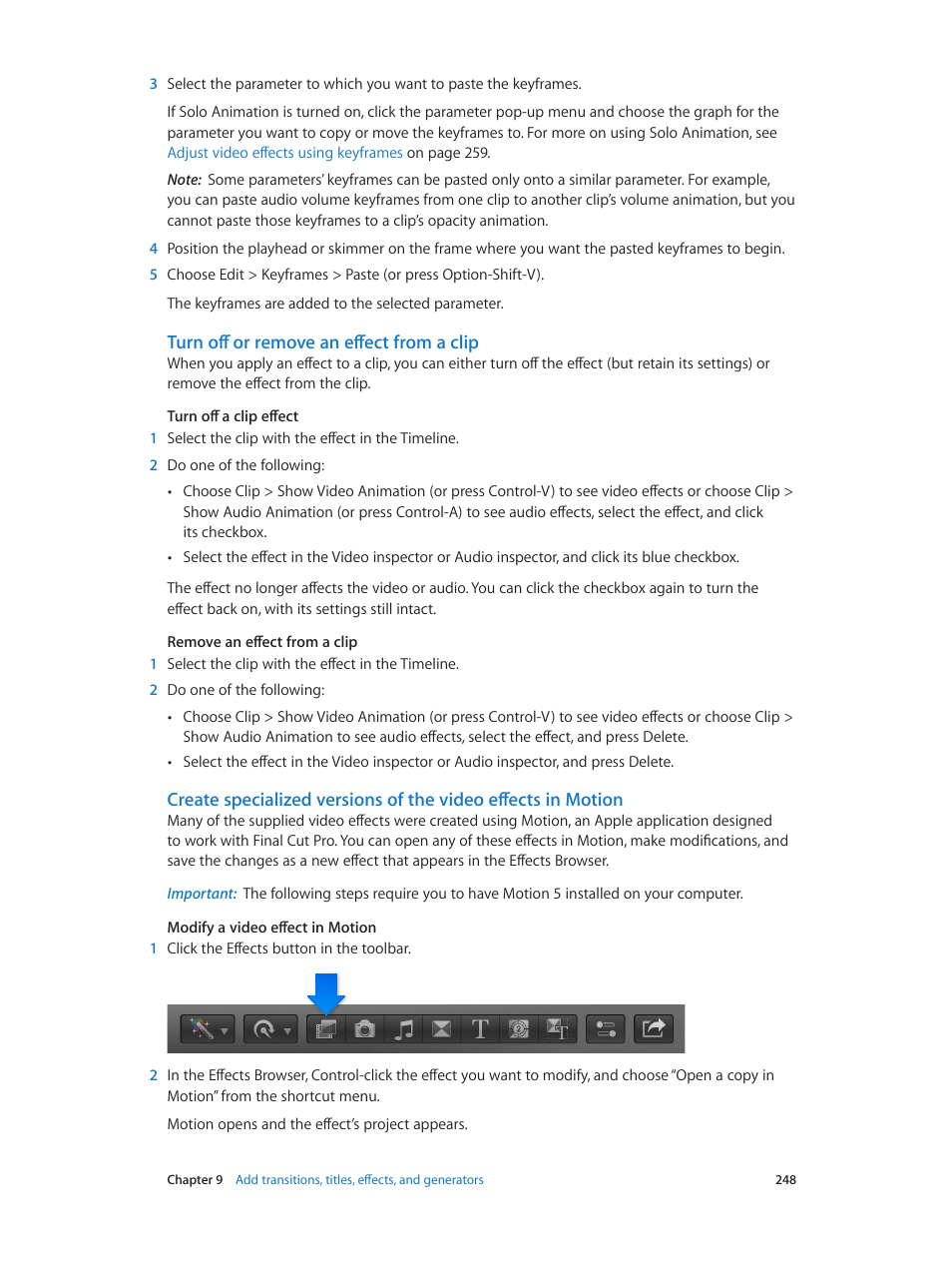 Turn off or remove an effect from a clip | Apple Final Cut Pro X (10.1.2) User Manual | Page 248 / 495