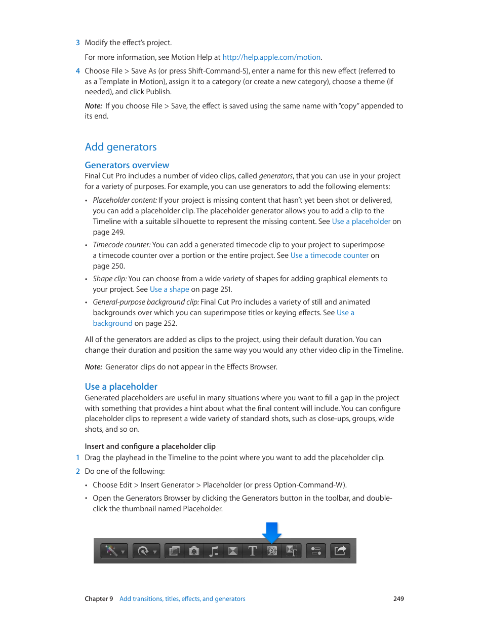 Add generators, Generators overview, Use a placeholder | 249 add generators 249 | Apple Final Cut Pro X (10.1.2) User Manual | Page 249 / 495