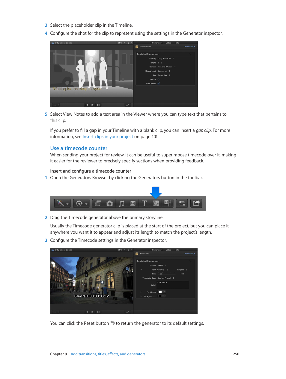 Use a timecode counter | Apple Final Cut Pro X (10.1.2) User Manual | Page 250 / 495