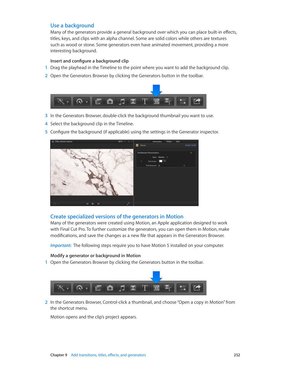 Use a background, Create, Specialized versions of the generators in motion | Use a, Background | Apple Final Cut Pro X (10.1.2) User Manual | Page 252 / 495